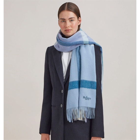 Mulberry Large Check Merino Wool Scarf Poplin Blue & White